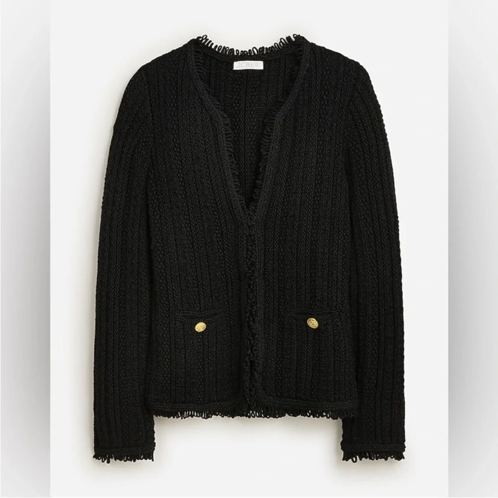 J. Crew Textured Cable-Knit Lady Jacket with Fringe Small Black